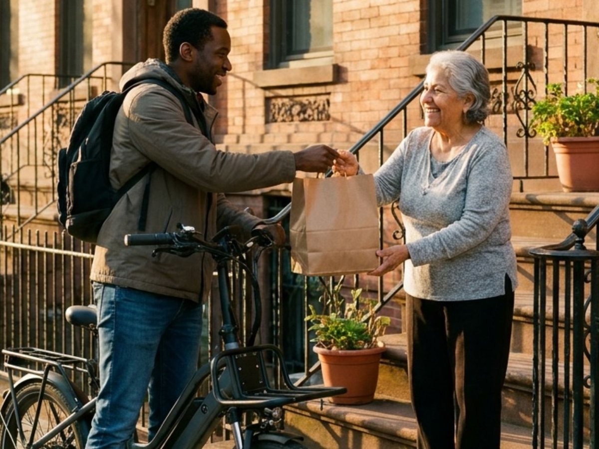 A courier on an electric bike handing a grocery bag to a customer at a brownstone door in the Bronx