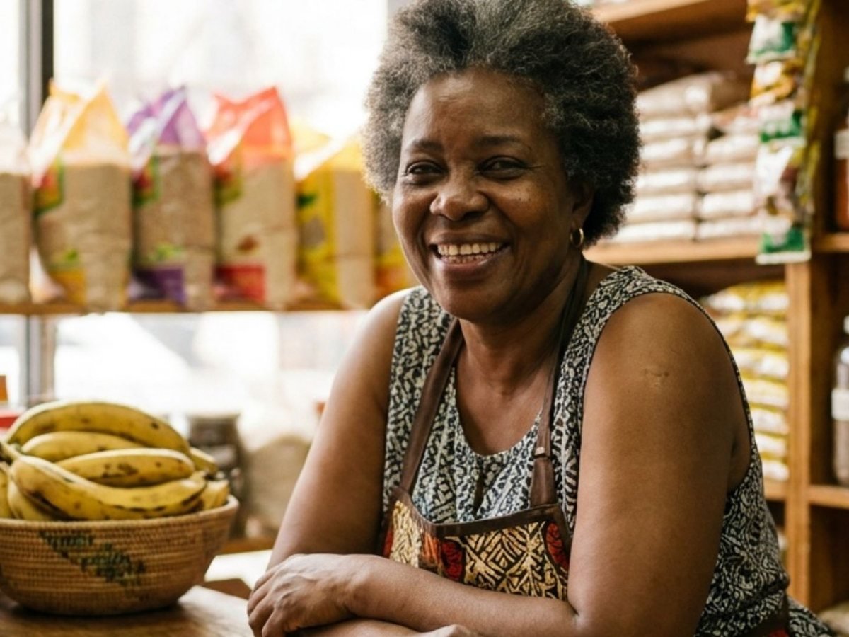 A smiling store owner standing behind the counter of her African grocery in Harlem
