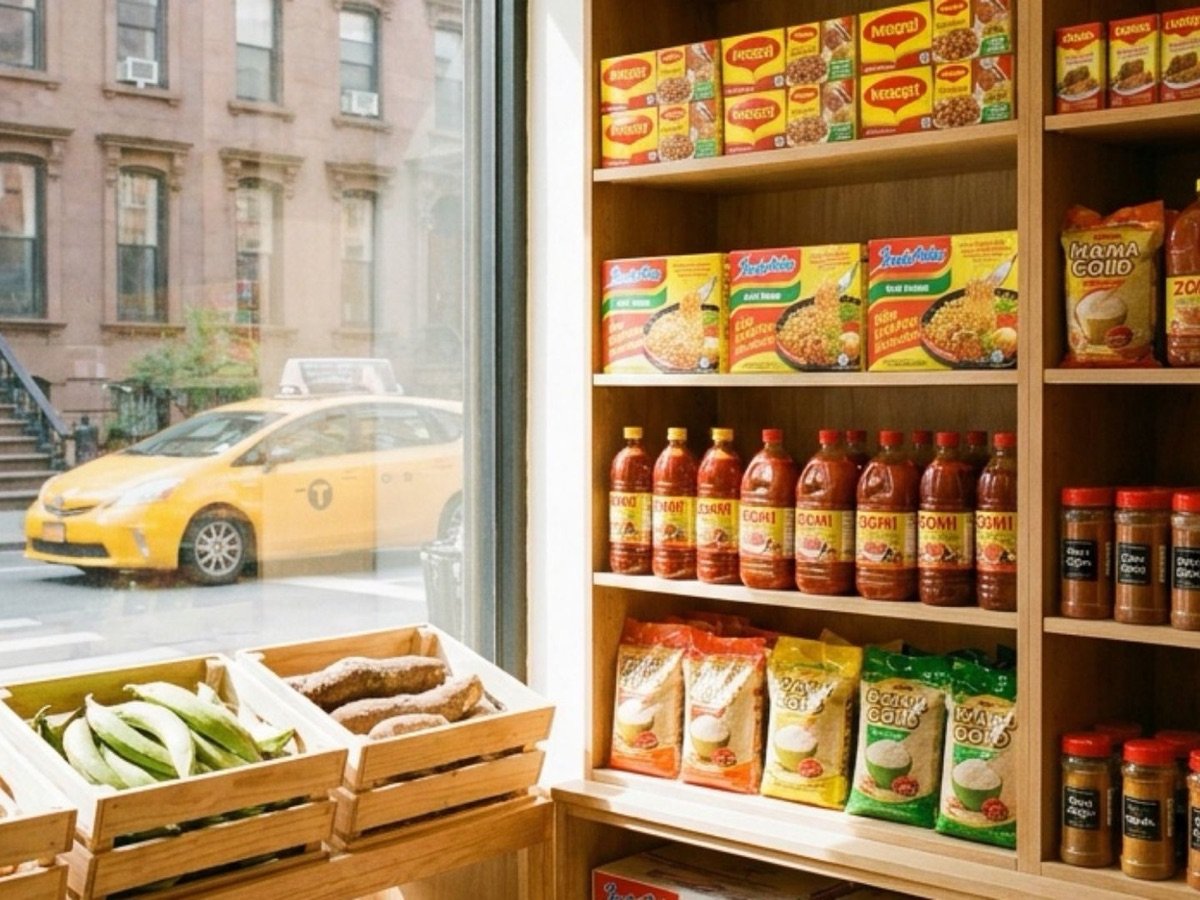 Shelves of African groceries and crates of plantains inside a modern New York City market
