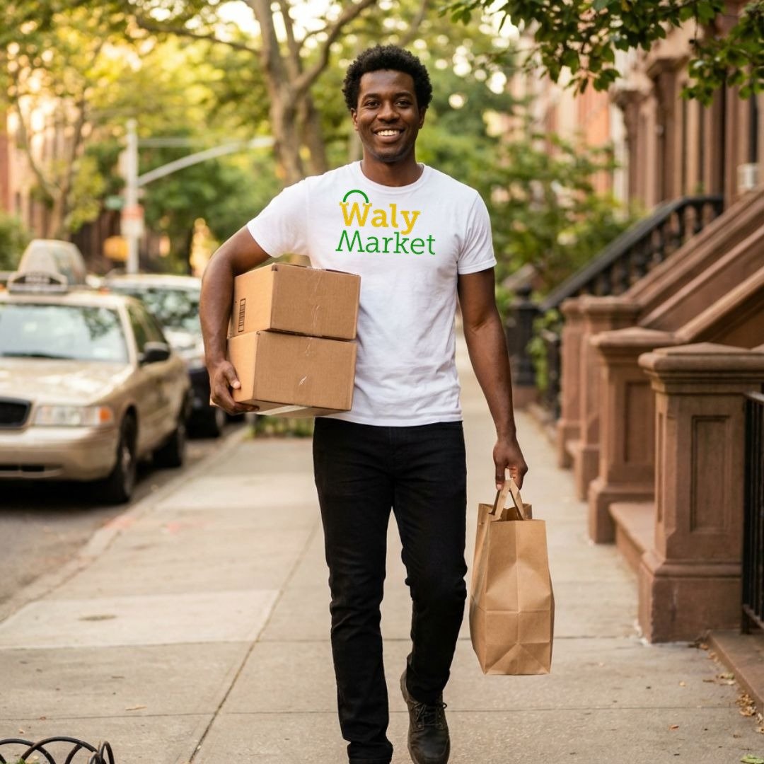 Un repartidor de Waly Market sonriente, con camiseta blanca de Waly Market, llevando paquetes y una bolsa de compras por una calle de brownstones en Nueva York