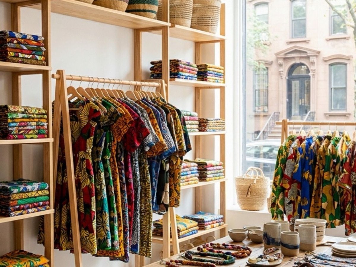 Racks of Ankara-print clothing, folded fabrics and woven baskets inside a modern New York City boutique