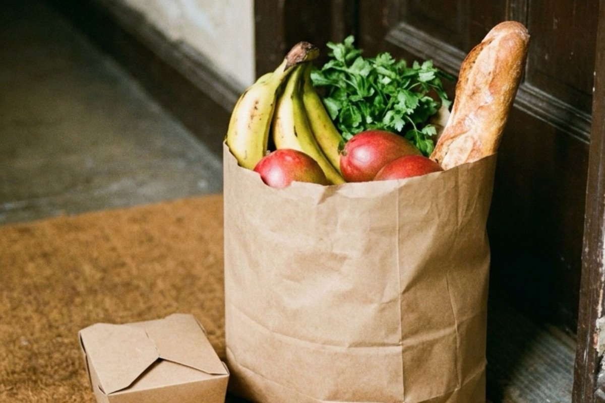A paper bag of fresh groceries and a phone on the doormat of a New York City apartment