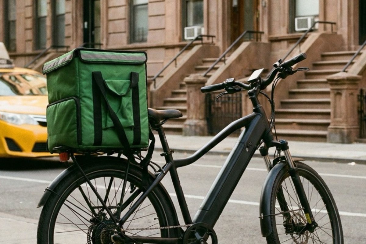 An electric delivery bike with a green insulated bag parked on a New York City sidewalk