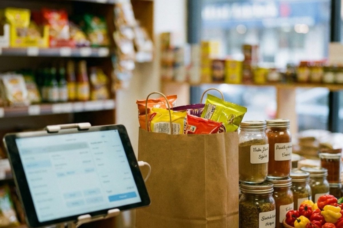 The checkout counter of a small African grocery in New York City with a tablet and a packed paper bag