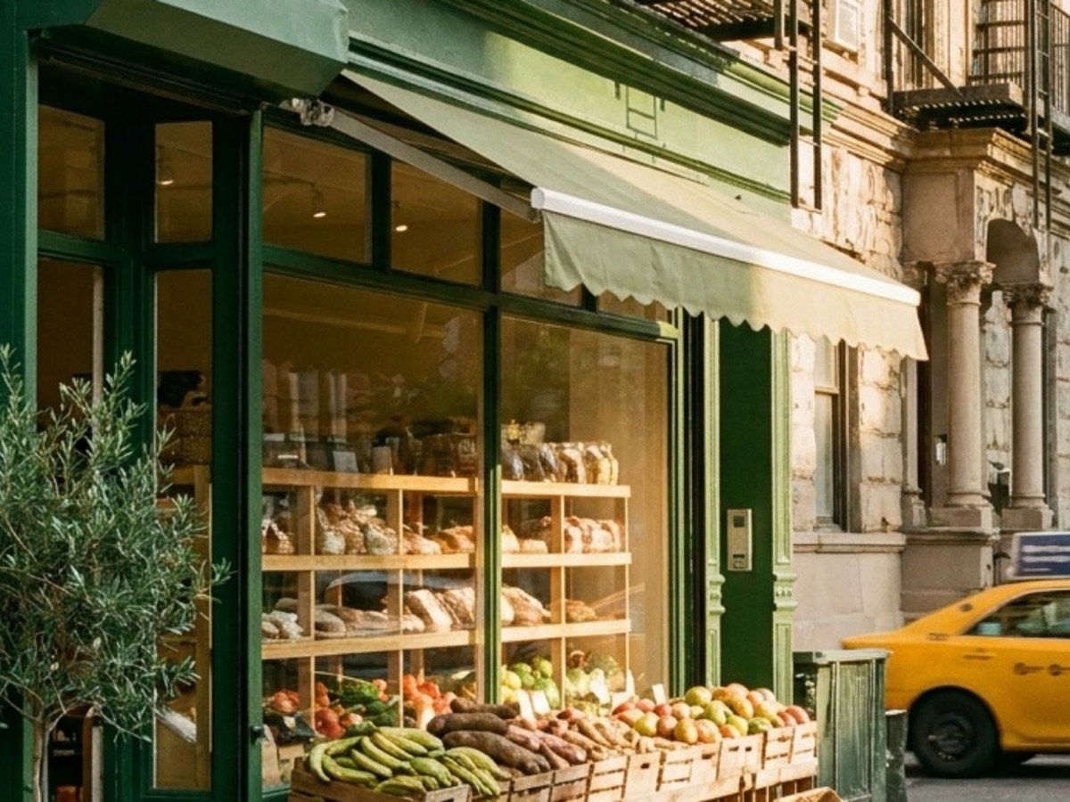Green-fronted African market on a New York City street with crates of plantains and yams on the sidewalk